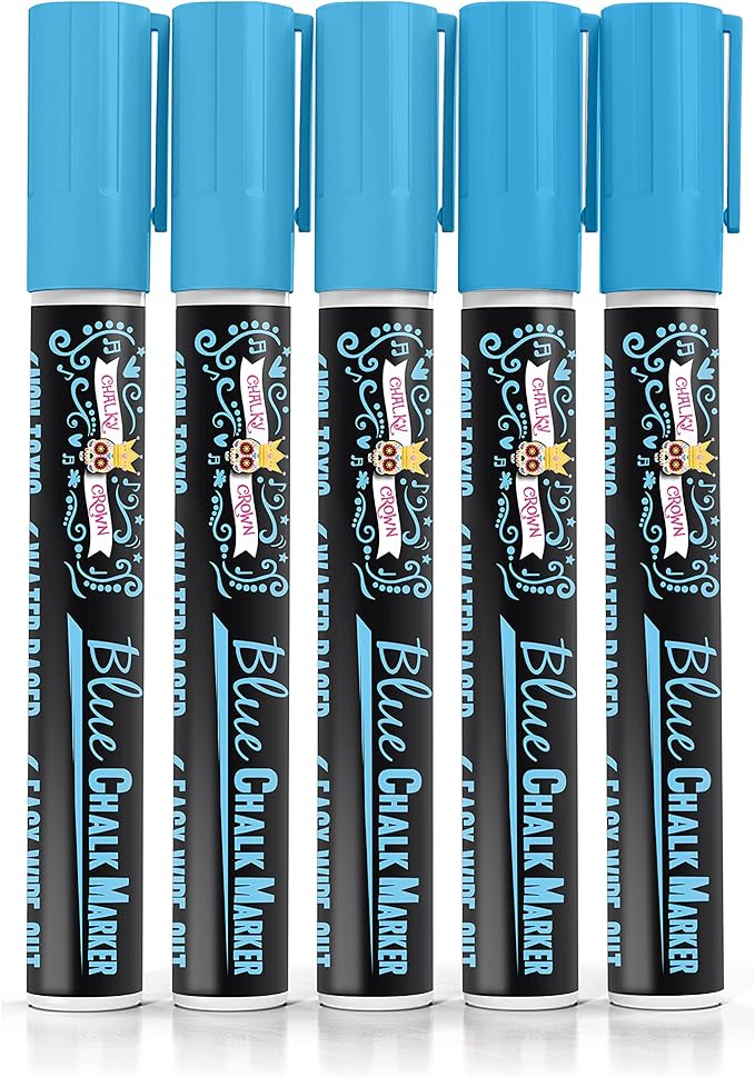 CHALKY CROWN Liquid Chalk Marker Pen - Dry Erase Marker - Chalk Markers for Chalkboard Signs, Windows, Blackboard, Glass - 6mm Reversible Tip (Blue, 5 Pack)
