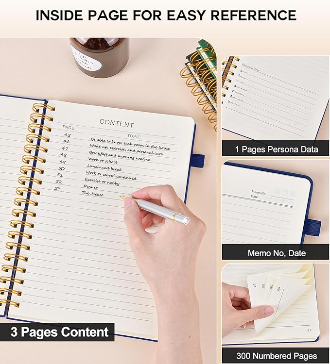 Spiral Notebook Journal for Women Men, 300 Numbered Lined Pages, College Ruled, A5 Hardcover Spiral Bound Notebook for School, Work, Note Taking Writing, Leather Spiral Journal Medium 5.9"x8.5"