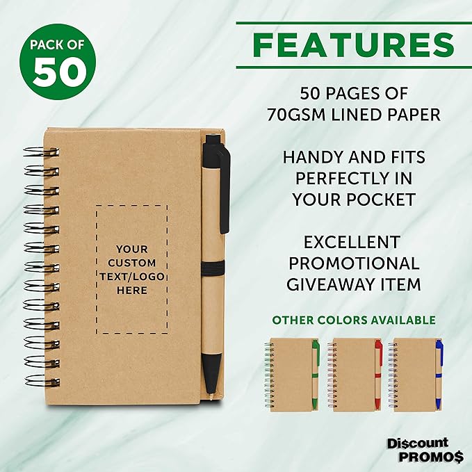 Custom Mini Spiral Notebooks with Black Ink Pens Set of 50, Personalized Bulk Pack - Perfect for School, Office, Business, Home - Black