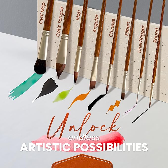 Maestro Series - Sable Watercolor Brushes 8Pcs Kolinsky Sable Performance Brush Set, Outstanding Color Flow, Durable Performance & Precision Shape Retention