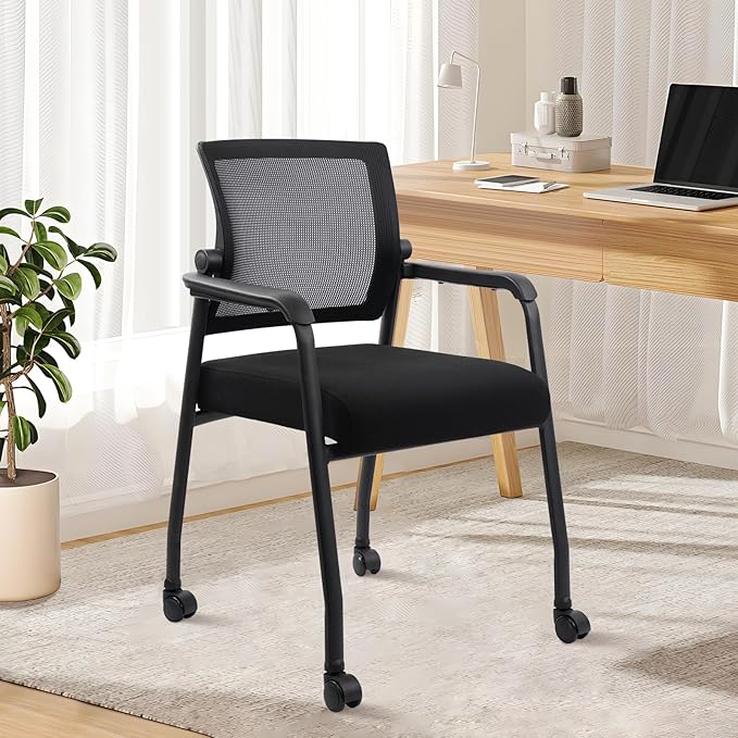 Waiting Room Chairs with Wheels, Adjustable Mesh Backrest, Desk Chair with Ergonomic Lumbar Support and Thickened Seats Cushion, 4 Pack Black