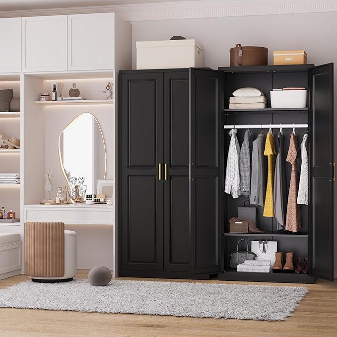 Metal Armoire Wardrobe Closet with Hanging Rod, 71" Tall Wardrobe Cabinet for Clothes, Black Clothing Storage Cabinet with Doors and Shelves, Large Wardrobes for Bedroom-Assemble Required
