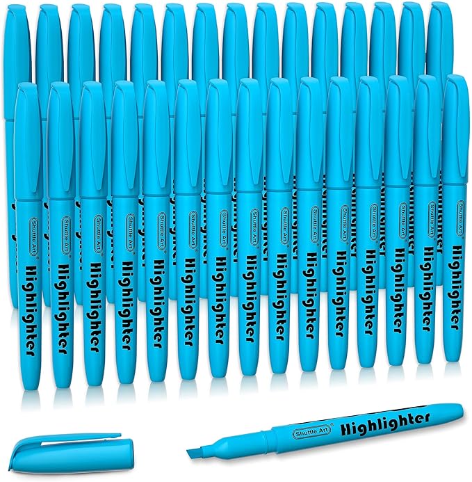 Shuttle Art Highlighters, 30 Pack Blue Highlighters Bright Colors, Chisel Tip Dry-Quickly Non-Toxic Highlighter markers for Adults Kids Highlighting in the Home School Office