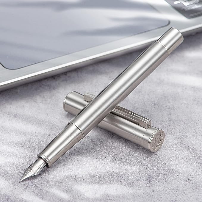Hongdian 1861 Stainless Steel Fountain Pen Long Blade Nib, Classic Design Smooth Writing Pen with Converter and Metal Pen Case Set
