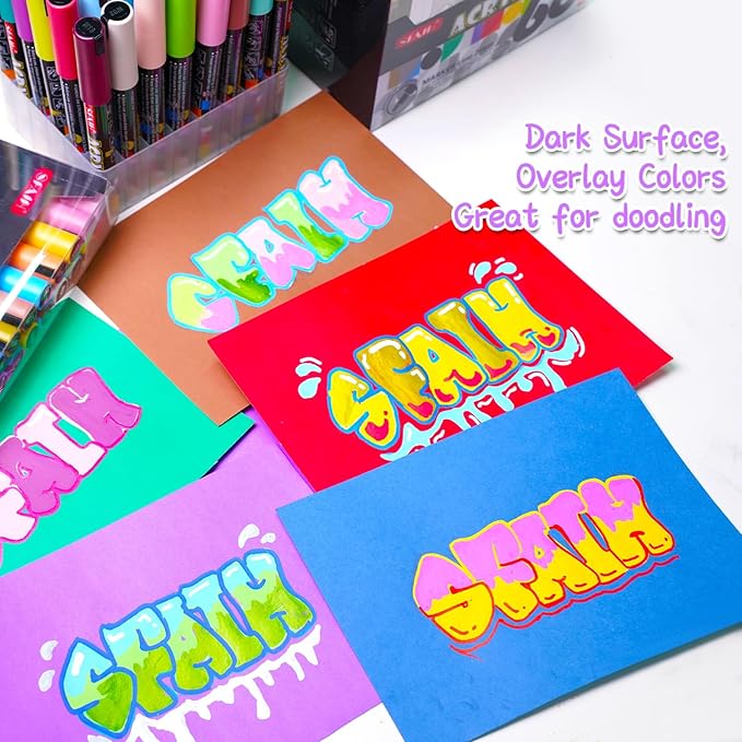 SFAIH Acrylic Creative Markers - 3mm Replaceable Nibs 36 Colors, Large Ink Capacity, Ultra-High Coverage, Non-Bleeding Water-Based Ink, Drawing Markers for Art Supplies, Wood, Fabric, Rock Painting