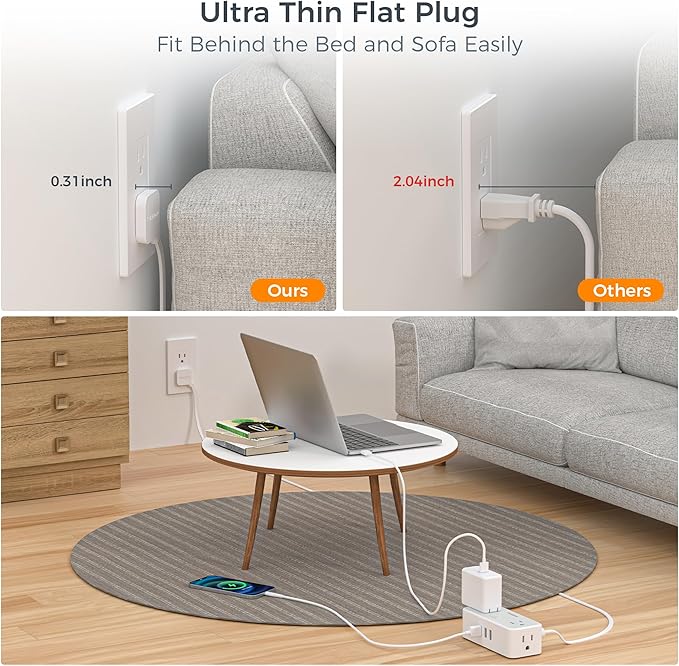 Ultra Thin Flat Plug Extension Cord 10 ft, TESSAN Surge Protector Power Strip with 4 Widely Space AC Outlets 3 USB Charging Ports, 900 Joules Protection for Home Office School Dorm Room