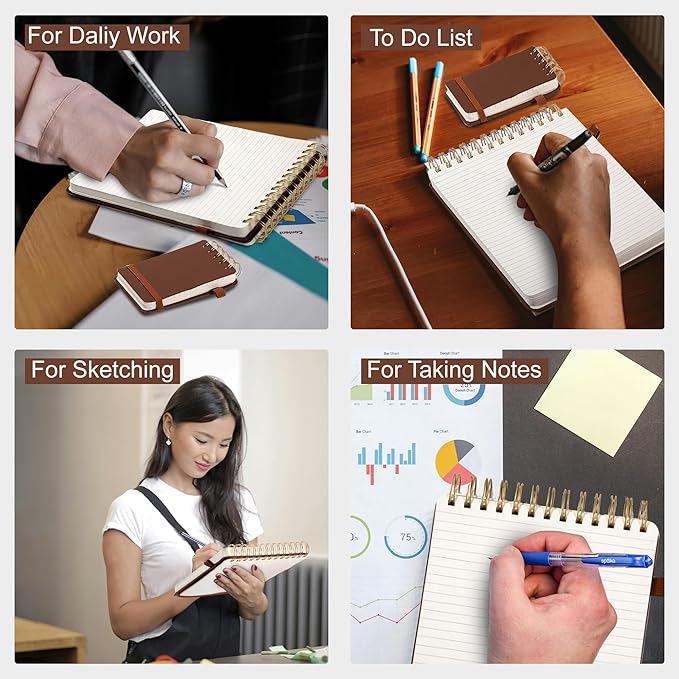 Yoment Top Spiral Notebook Leather Steno Pads 240 Pages Spiral Notepad for Work 5x7 Top Bound Steno Notebook, 100 GSM Thick Paper, Left Handed Notebooks for Office College School, Brown