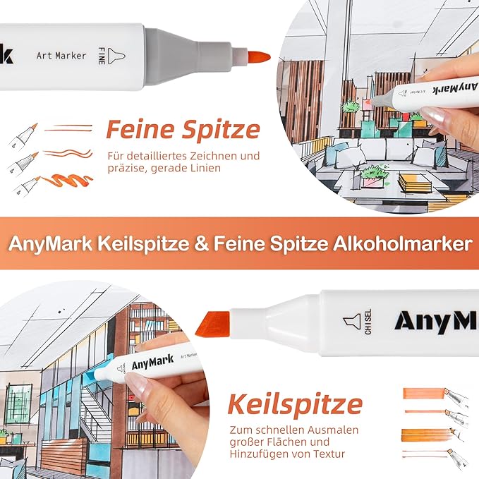 AnyMark Alcohol Markers, 60 Colors Dual Tip Art Coloring Markers Set for Kids Adult Book Drawing Sketching Painting, Chisel & Fine, White Penholder
