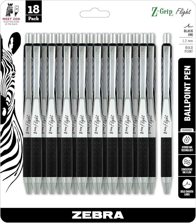 Zebra Pen Z-Grip Flight Retractable Ballpoint Pen, Bold Point, 1.2mm, Black Ink, 18-Pack (21118)