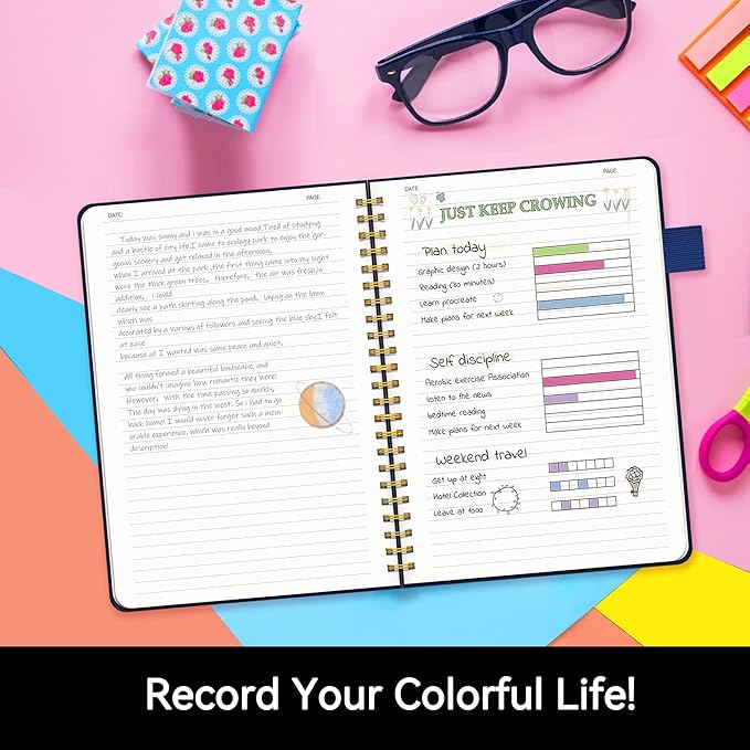 Alltree Lined Journal Notebook, Spiral Notebook for Work, Journal for Women & Men, A5 Medium, Spiral Notebook with Tabs, Pen Loop, Pocket, Stickers, 160 Pages, Navy Blue(6"x8.5")