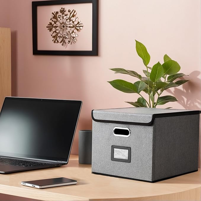 File Organizer Box with Lid, Collapsible File Folder with Plastic Slide for Office/Decor/Home, Hanging Office Document Storage, 14.96 x 12.6 x 10.83 inch，1 pack - without folders，Gray