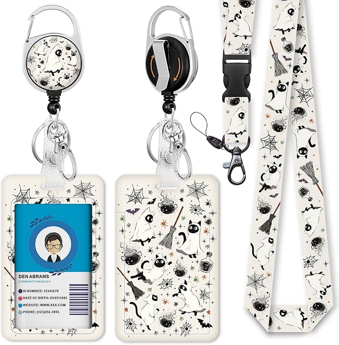 Giancomics Halloween Lanyards for Id Badges, Spooky Black Cat ID Badge Holder with Lanyard Badge Reel Retractable, Cute Bat Lanyard with ID Holder Keychain Clip Name Tag ID Card Holder Women Office