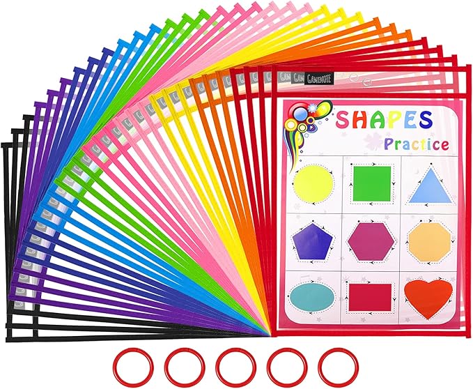 Gamenote Dry Erase Pockets 30 Pack with Rings, Oversized Reusable Plastic Sleeves Shop Ticket Holders Sheet Protectors Teacher Supplies for Classroom Organization (Colorful)
