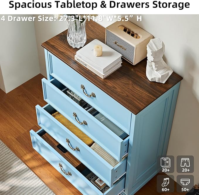 Farmhouse 4 Drawer Dresser for Bedroom, 37" Tall Rustic Chests of Drawers w/ 4 Solid Wood Feet, Mid Century Modern Wooden Closet Storage Dressers Organizer for Living Room, Hallway, LightBlue