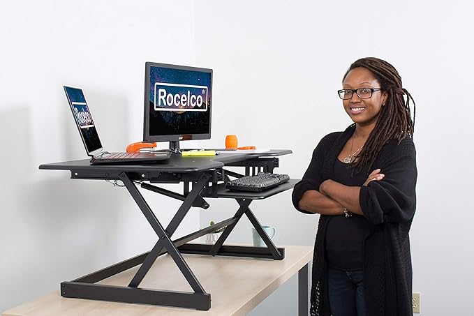 Rocelco 46" Large Height Adjustable Standing Desk Converter with Dual Monitor Mount Arm BUNDLE - Quick Sit Stand Up Computer Workstation Riser - Retractable Keyboard Tray - Black (R DADRB-46-MA2)