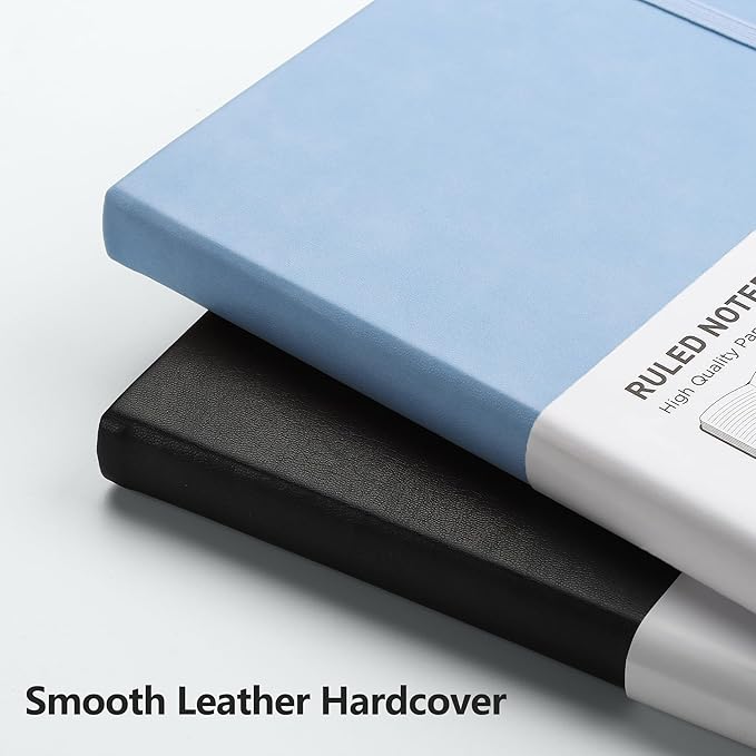 RETTACY Lined Journal Notebook, 192 Numbered Pages, A5 Medium Size (5.7'' x 8.3''), for Men & Women, Journaling, Writing, Work & Office, Leather Hardcover, 100 GSM Thick Paper (Light Blue)