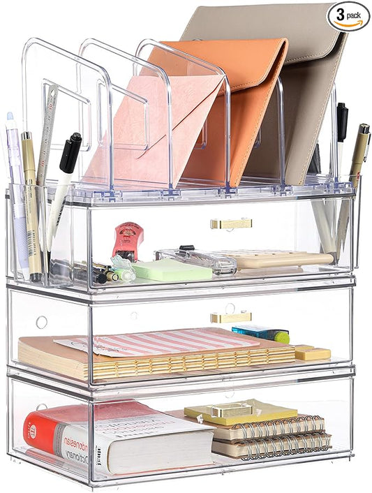 Acrylic Desk Organizer Set, 3 Pack Stackable Desktop Drawer Organizer with 4 Vertical File Holders and 2 Pen Holders, Desk Organizers and Accessories for Home Office Storage