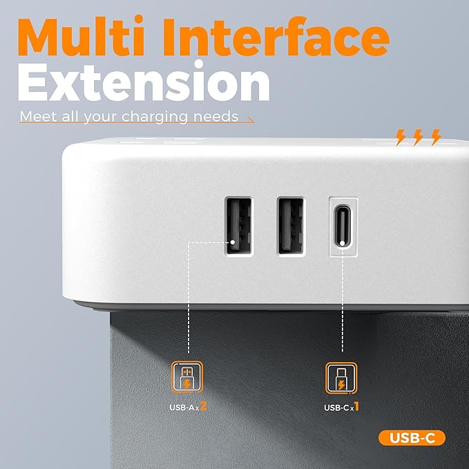 Flat Extension Cord, TESSAN Surge Protector Power Strip 5 FT with 8 Outlets 3 USB (1 USB C) Ports, 3-Sided Outlet Extender with 900J Surge Protection for Office Supplies, Dorm Room Essentials, White