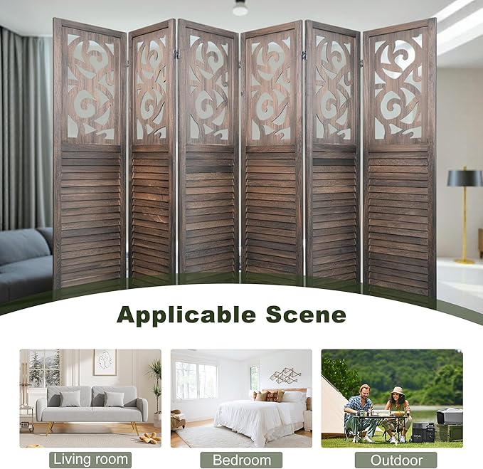 NicBex 6 Panel Room Divider 5.6FT Wood Carved Room Dividers, Folding Privacy Screens Portable Freestanding Partition Wall Dividers for Home Bedroom Office, Rustic Brown