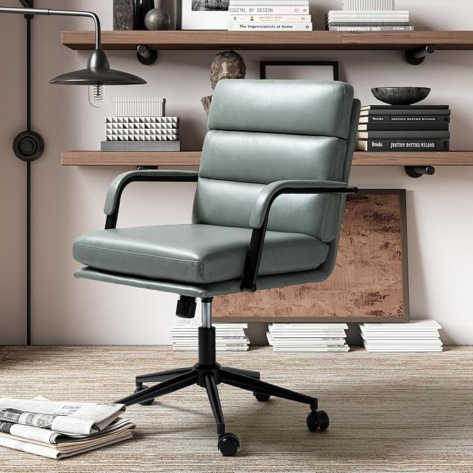 HULALA HOME Modern Faux Leather Home Office Chair with Tilt Lock & Metal Base, Desk Chair with Wheels & Padded Cushion, 360° Swivel Wide Seat Computer Task Chair, Sage
