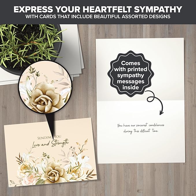 Decorably 24 Pack 6x4in Assorted Sympathy Cards with Envelopes and Stickers, 24 Unique Designs Sympathy Cards Assortment Box with Envelopes with Printed Message Inside