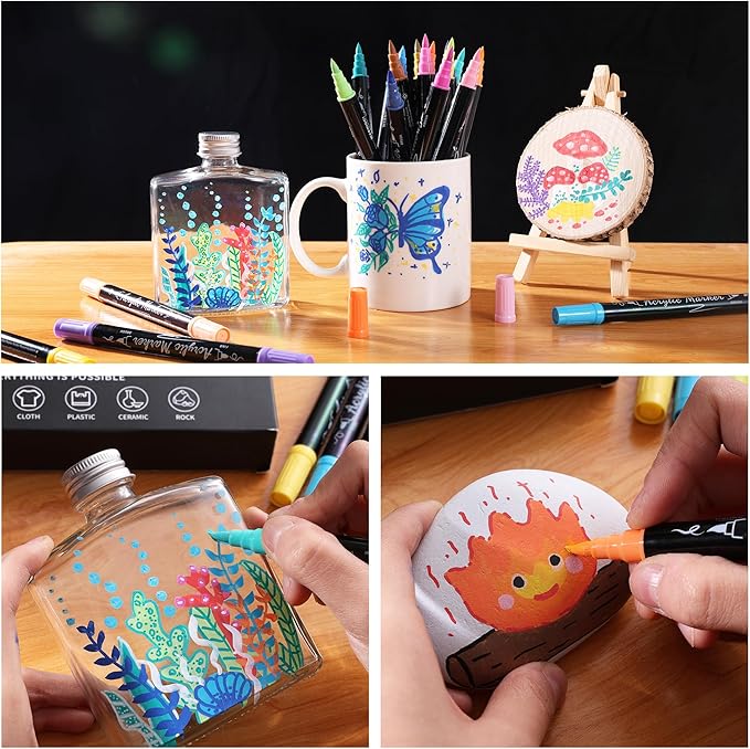 30 Colors Acrylic Paint Markers, Waterproof Dual Tip Acrylic Paint Pens with Brush and Fine Tip, Markers Set for Paper, Rock, Wood, Canvas, Glass, Ceramic and DIY Crafts Making Art Supplies