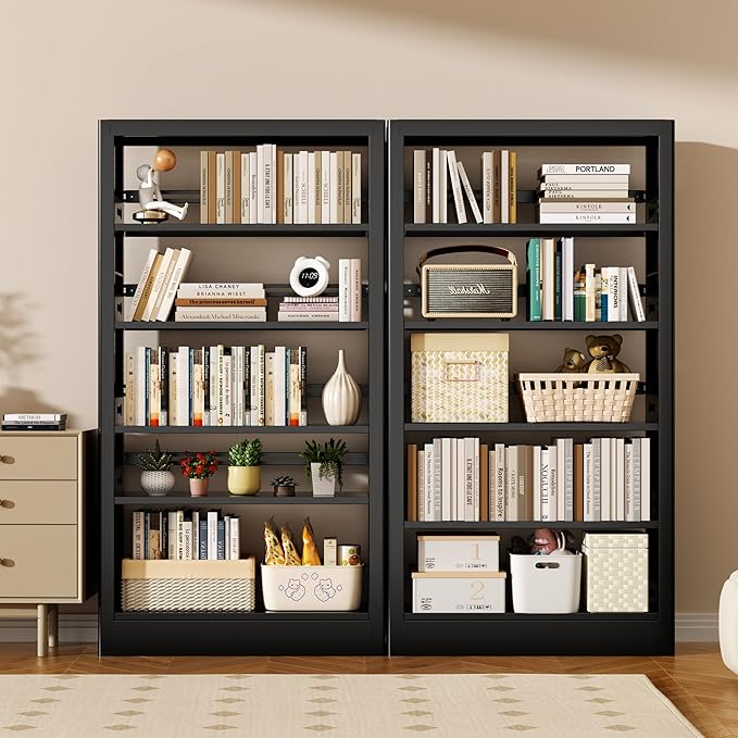 5-Tier Bookcase with Adjustable Storage Shelves, Metal Bookshelf with Book Stopper, Bookcase Shelf for Library, Office, Living Room