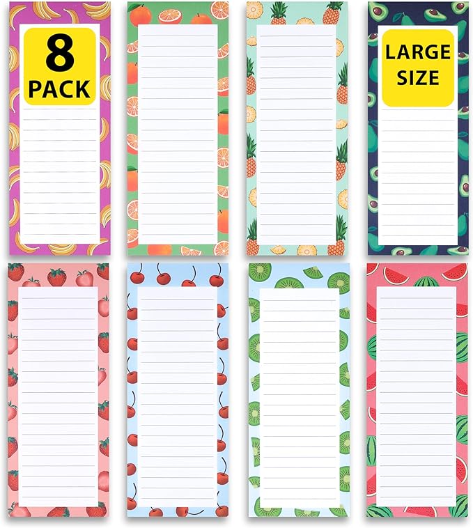 8 Large Magnetic Notepads – Big Notepads for Grocery List, Shopping List, To-Do List, Reminders -Strong Magnetic Back- Memo Pads with Realistic Fruit Designs | 60 Sheets per Pad 9 x 3.5 inch (8 Pack)