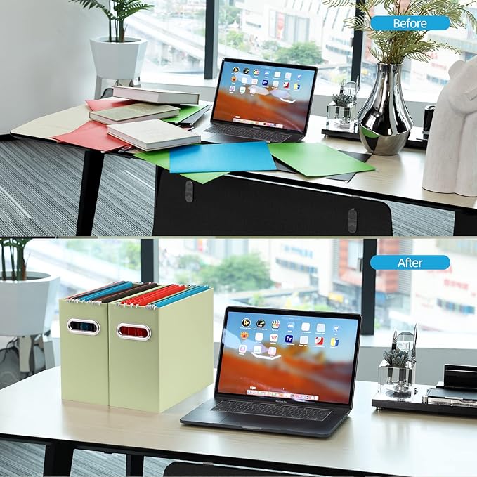 Oterri File Organizer, Small Storage Box, Cardboard File Folder Organizer, Collapsible File Box, Hanging File Organizer for Letter Size, Portable File Box with Handle, Only Box（Green，6 Packs）