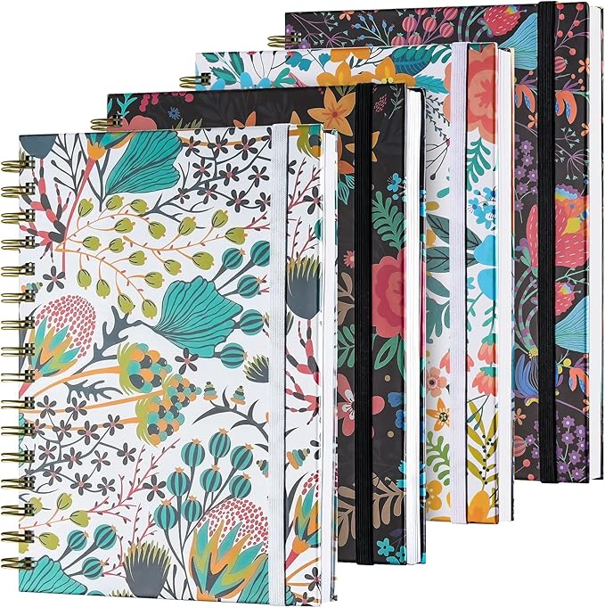 Spiral Notebook, 4 Pack A5 Lined Journal for Women, Hardcover Spiral Journal with 2 Pockets, College Ruled Notebooks, Cute Notebook for Office, School Supplies, Gifts (160 Pages, 6.3" x 8.46")