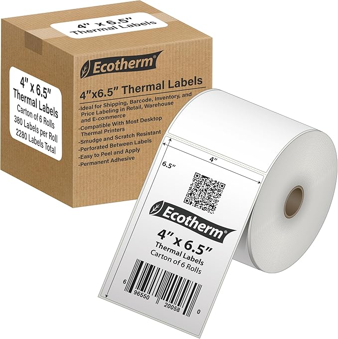 4" x 6.5" Thermal Labels | 6 Rolls | 2280 Labels | fits Zebra, Munbyn, Rollo, Godex, Arkscan, iDPRT, Offnova Thermal Label Printers and More | Blank White Adhesive Stickers by Ecotherm