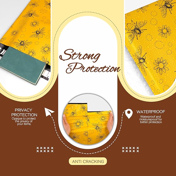 Bees Poly Mailer 6x9 Inch 100 Pcs, Waterproof Shipping Bags for Clothing, Tear-Resistant Mailier Bags, Strong Mailing Bags with Self-Seal