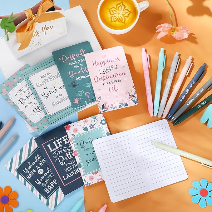 Funrous 32 Pcs Motivational Quote Pens Inspirational Notepads Mini Journal with Ballpoint Pen Small Notebooks Gift Set for Men Women Coworkers, Adult Party Favors Prizes Gift Bulk(Floral)