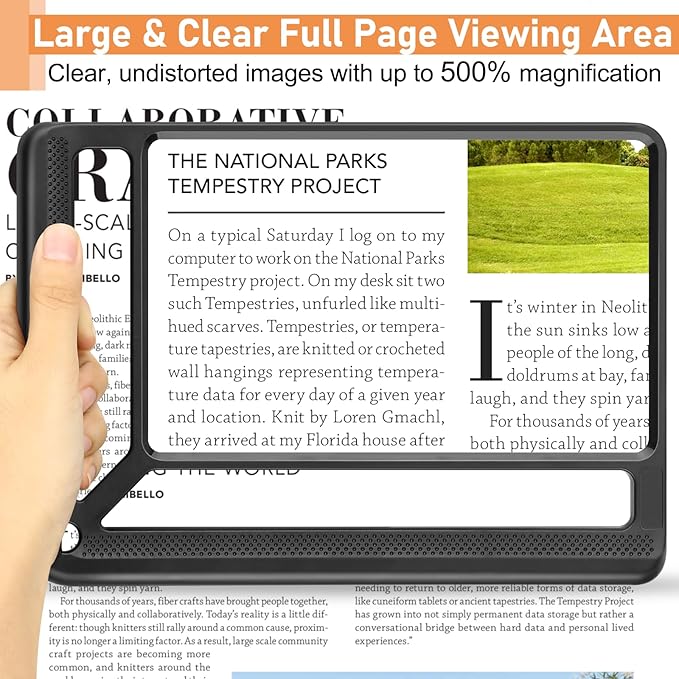 5X Full Page Magnifying Glass for Reading, Lightweight Rectangular Magnifier Provides Large Book Page Viewing Area, Upgraded Handheld Magnifier for Reading Small Prints for Seniors, Low Vision