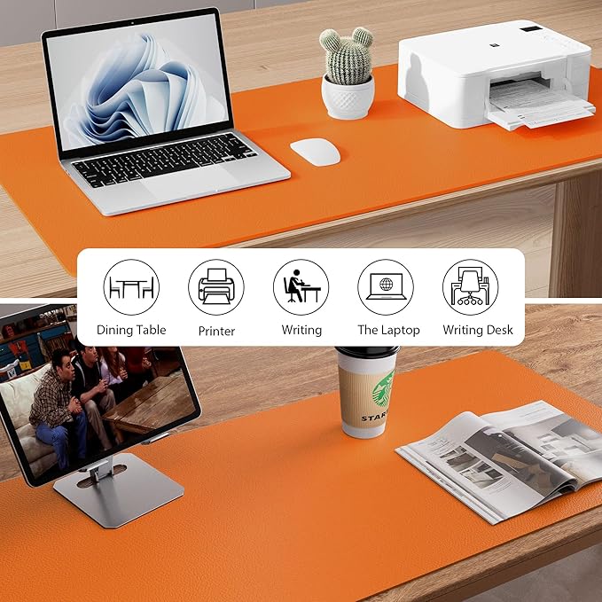 Aothia Leather Desk Pad Protector, Mouse Pad, Office Desk Mat, Non-Slip PU Leather Desk Blotter, Laptop Desk Pad, Waterproof Desk Writing Pad for Office and Home (31.5" x 15.7",Hermes Orange)