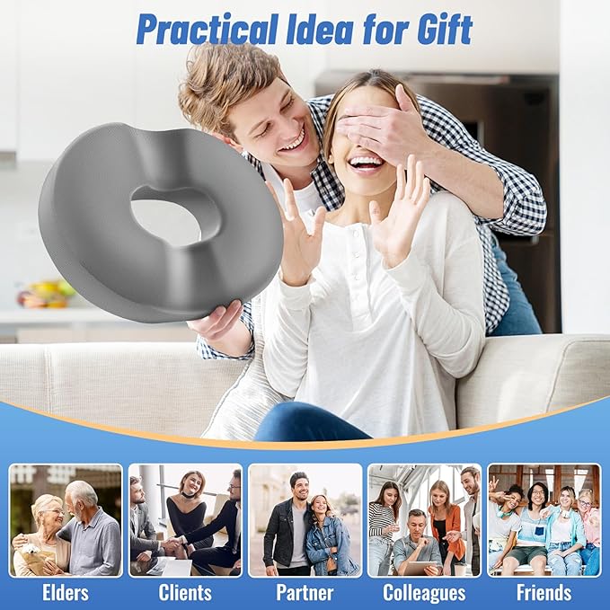 CloudBliss Donut Pillow Seat Cushion Chair Pad for Tailbone Pain Relief and Hemorrhoids, Memory Foam Seat Chair Cushion for Men and Women for Home & Office, (Light Grey-XL)