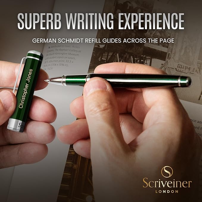 Scriveiner Personalized British Racing Green Pen - Stunning Green Lacquer Luxury Pen with Chrome Finish, Schmidt Ink Refill, Best Engraved Roller Ball Gift Set for Men & Women, Custom Name Engraving