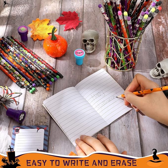 360 Pieces Halloween Pencil with Eraser Fun Assortment Halloween Themed Pencil Novelty Ghost Pumpkin Skeleton Bat Spider Wooden Drawing Pencils for Halloween Party Supplies