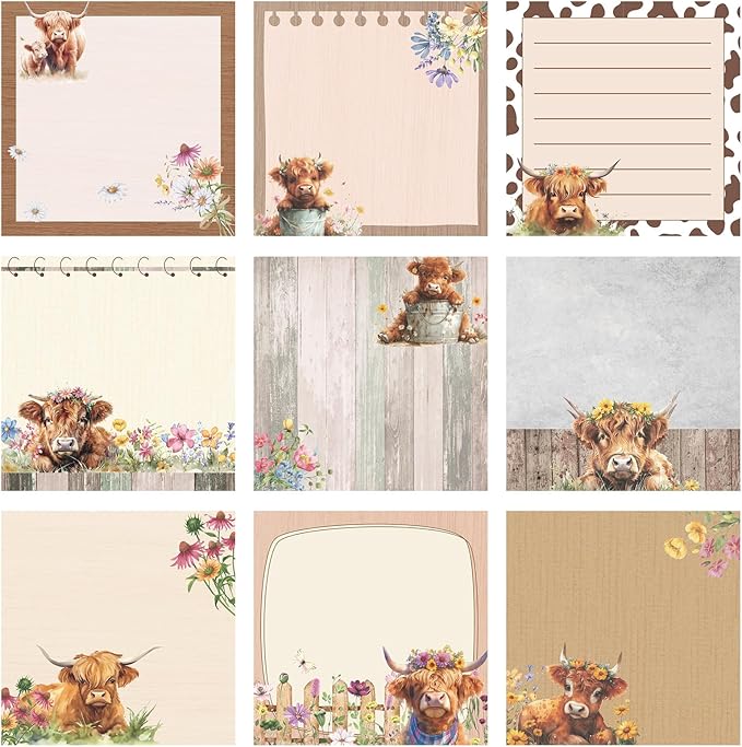 9 Pads Cute Sticky Notes Cartoon Animal Self Stick Notepads 3x3 Inches Notes Adhesive Memo Pad Office Decor Gifts for Students School Office Meeting (Highland Cow)