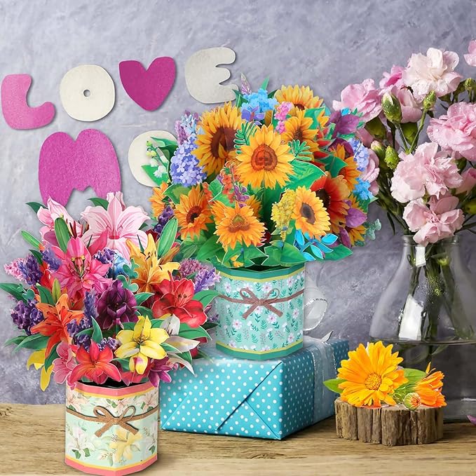 3 Pack Paper Flower Pop Up Cards, Flower Bouquet Card Popup 3D Greeting Cards for Mother's Day, Graduation, Anniversary, Birthday, Congratulations, Get Well, Home Decor, with Envelope