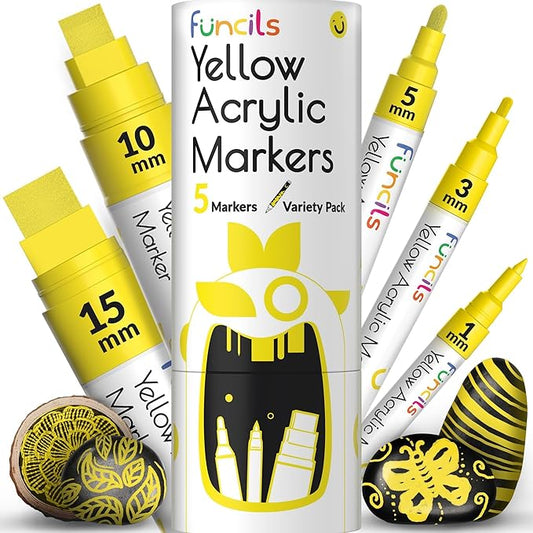 5 Acrylic Yellow Paint Pen - Extra Fine Tip, Thin & Jumbo (1mm, 3mm, 6mm, 10mm, 15mm) - Yellow Paint Marker for Metal, Fabric, Canvas, Wood, Rock Painting, Glass Markers, Water-based ink