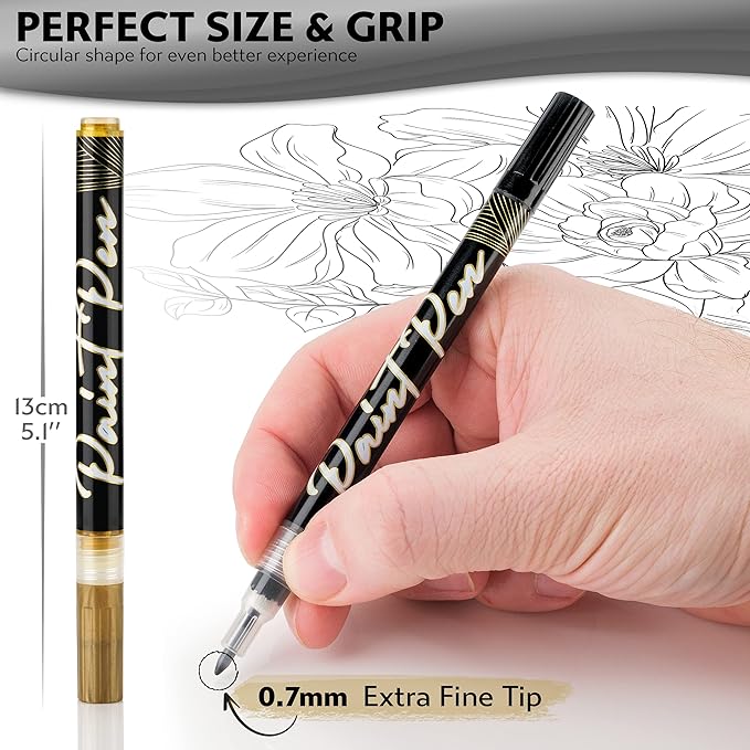 Stylo 4 Count Acrylic Metallic Pens - Black, Gold, Silver And White Paint Pens - Fine Tip Permanent Acrylic Metallic Paint Markers for Rock Painting, Glass, Wood, Ideal for Arts and Crafts