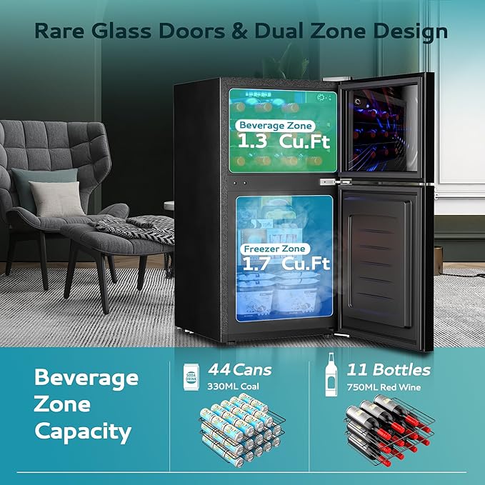 EUHOMY Double Door Mini Fridge With Freezer, Freestanding Wine Cooler Refrigerator With Reversible Door, Compact Refrigerator Temperature Control, Wine Fridge Perfect For Kitchen Home Office.