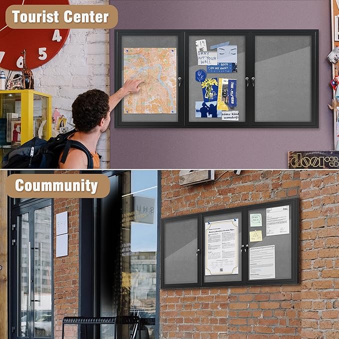 70"x34" Enclosed Bulletin Board, Outdoor Lockable Weather-Resistant Aluminum Cork Noticeboard for School & Office, Black Frame w/Grey Flet