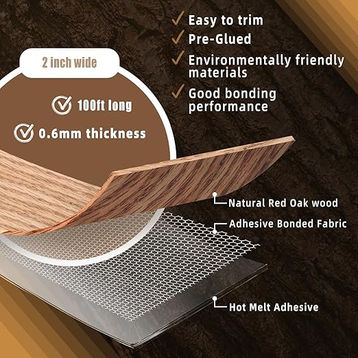 GSCIT Club Red Oak Edge Banding, 2 inch x 100ft roll of Veneer Plywood Edge Banding Preglued Flexible, Wood Tape Banding for Cabinet Repair