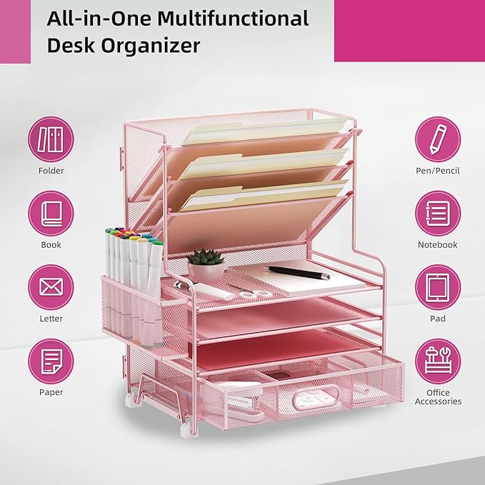 4-Tier Paper Organizer + 3-Pocket File Holder + Drawer + Pen Holders, Desktop File Organizers Paper Tray for Office Supplies School Classroom Organization (Pink, with Drawer & Pen Holder)