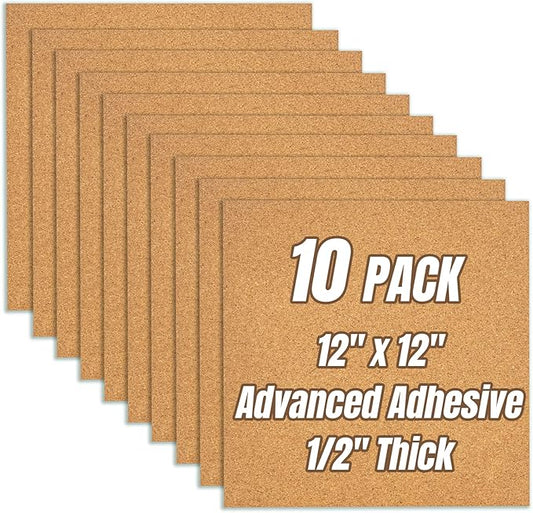 Cork Board Tiles 12"x12" - 1/2" Thick 10 Pack Cork Board Square Bulletin Boards Self Adhesive Corkboards for Walls Pin Boards Corkboards for Office Home School Decor