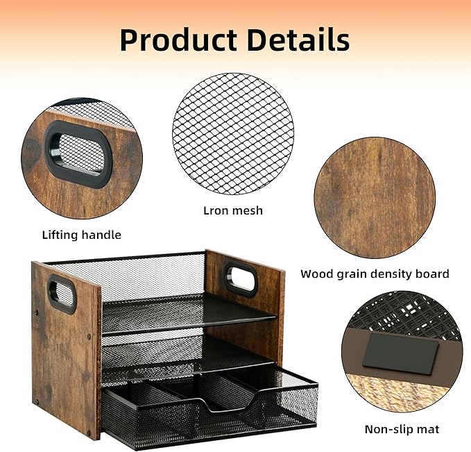 Wood Desk Organizer - 3-Tier Desktop File Organizer with Drawer, Wooden Paper Tray, Office Desk Organzier and Accessories for Papers, Mail, Notebooks, Stationery