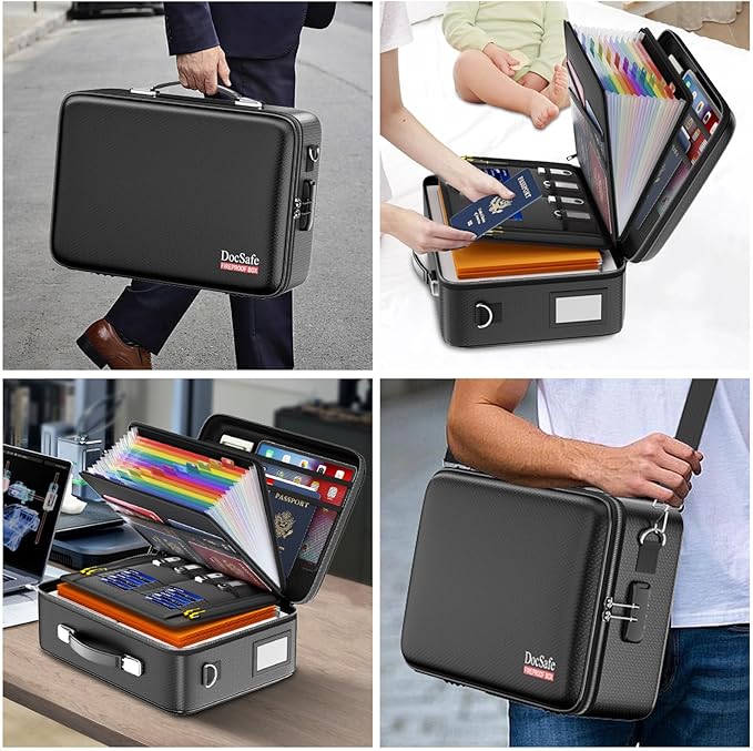 DocSafe Fireproof Document Box with Lock, Hard Case File Organizer with Accordion File Folder, Fireproof Water Resistant Safe Box Home Office Travel Storage for Important Documents Laptop Black