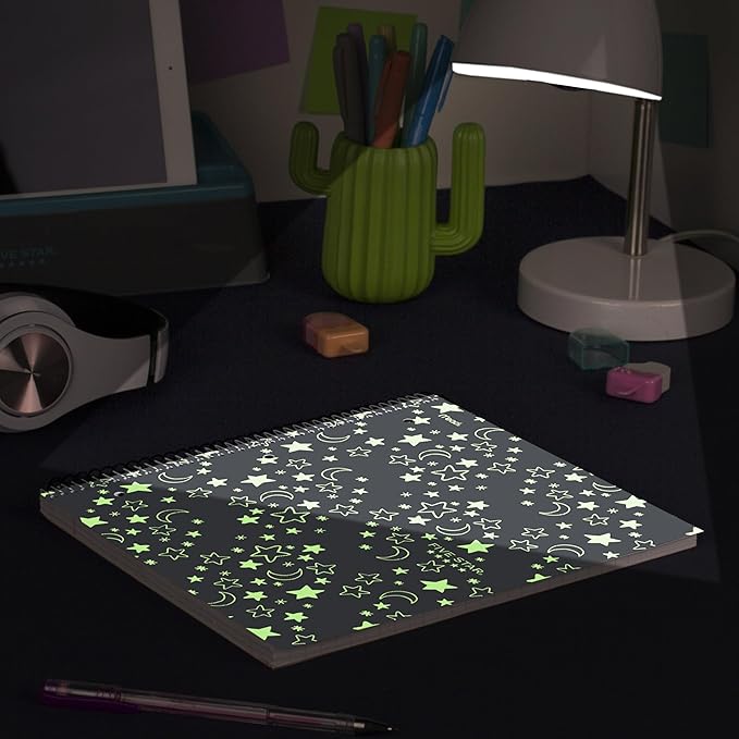 Five Star Spiral Notebook + Study App, 1 Subject, Wide Ruled, 8" x 10-1/2", 80 Sheets, Fights Ink Bleed, Water Resistant Cover, Black Stars Glow in the Dark (930020F)